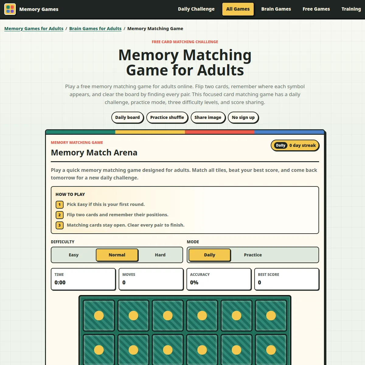 Memory Match Arena with difficulty and Daily or Practice mode buttons, time, moves and accuracy counters, and rows of face-down cards