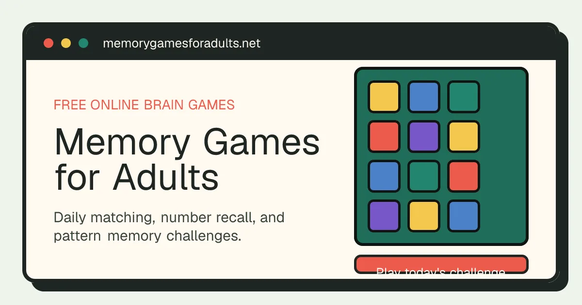 Memory Games for Adults site card showing a grid of coloured tiles and 'Play today's challenge'
