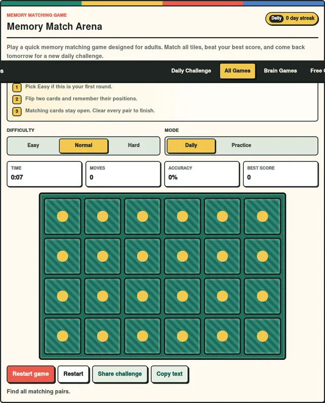 Memory Match Arena on Normal difficulty in Daily mode: a board of 24 face-down green cards, with time, moves, accuracy and best score counters above