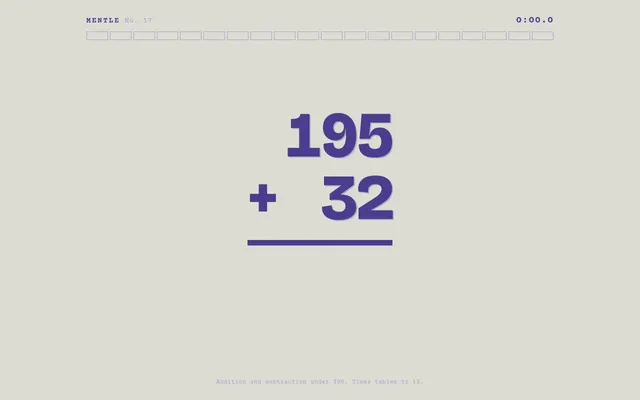 Mentle No. 17 in play: the problem 195 plus 32 in large purple digits, a strip of twenty progress boxes and a timer at 0:00.0