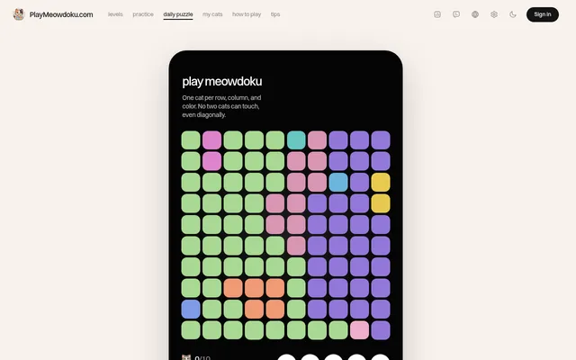 Today's Daily Meowdoku: a 10x10 board split into coloured territories (green, purple, pink, orange, yellow and blue) waiting for ten cats, under the rule one cat per row, column and colour, none touch