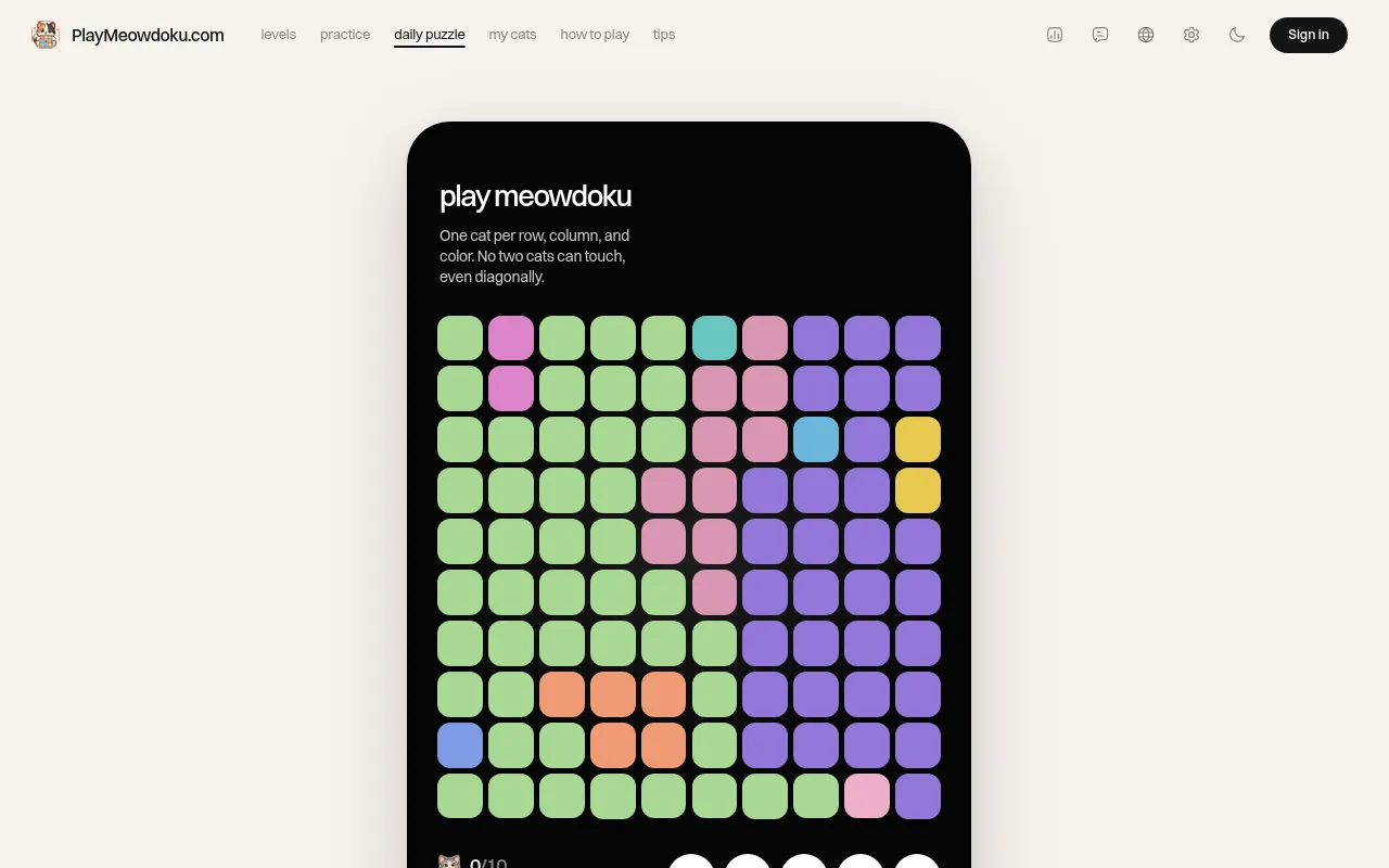 Today's Daily Meowdoku: a 10x10 board split into coloured territories (green, purple, pink, orange, yellow and blue) waiting for ten cats, under the rule one cat per row, column and colour, none touch