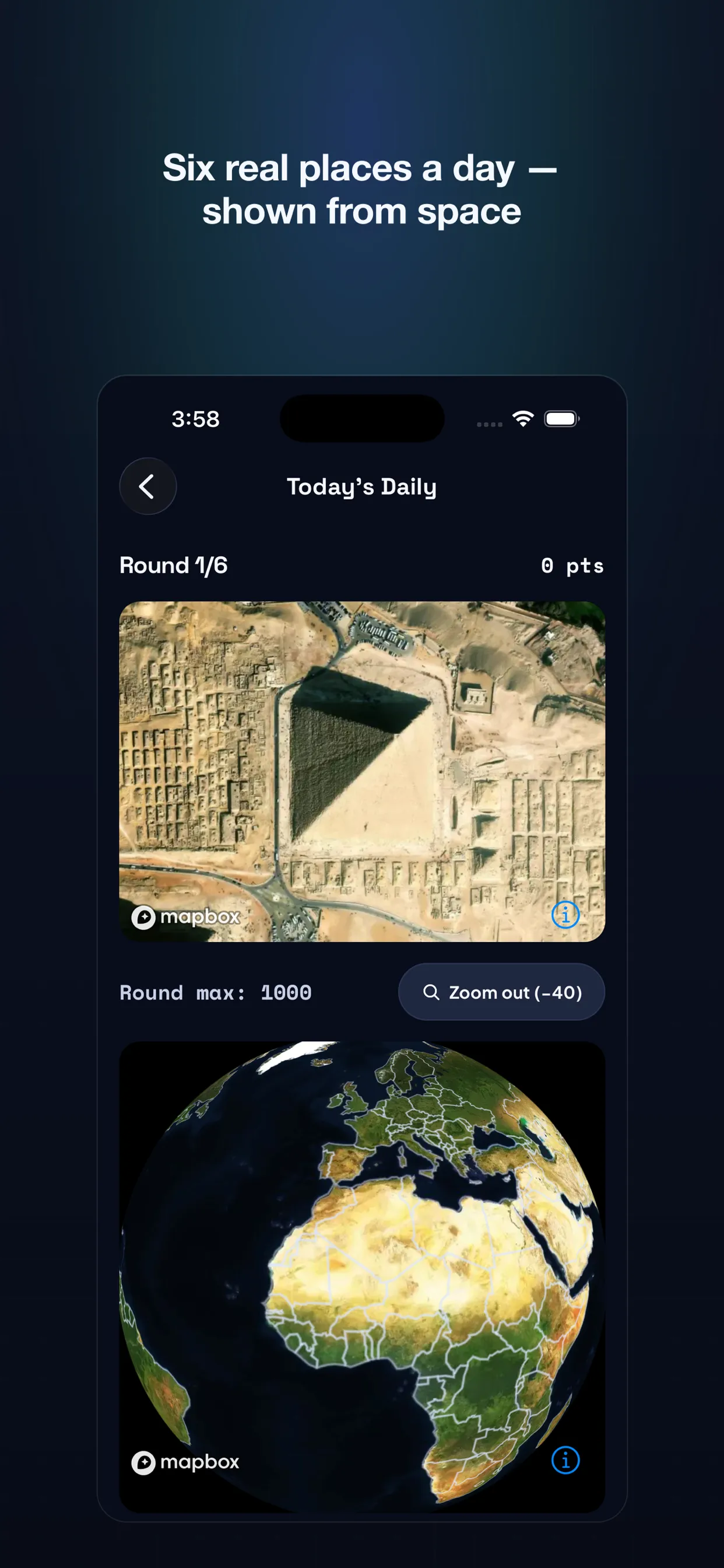 Today's Daily in Mercatle showing a pyramid from above and the globe for placing a guess