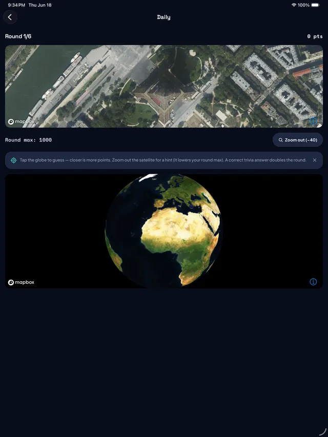 Mercatle Daily round 1 of 6: an overhead satellite view of a city park and river above a 3D globe
