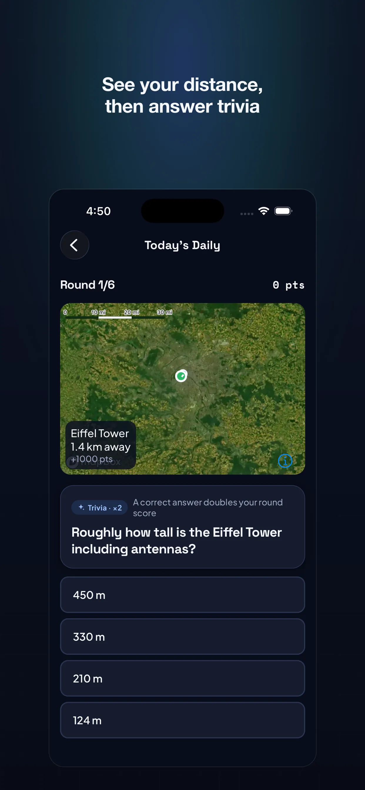 Mercatle round reveal: the Eiffel Tower found 1.4 km from the pin for 1,000 points, then a multiple-choice trivia question that doubles the round