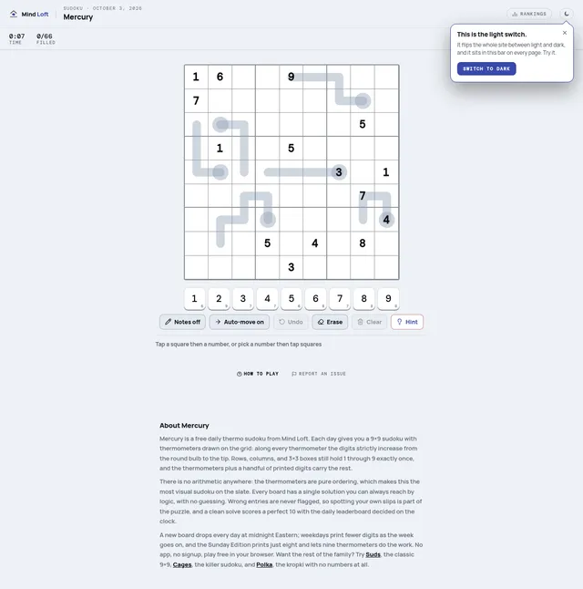 Mercury on Mind Loft for October 3, 2026: a 9x9 sudoku grid with a few printed digits and grey thermometer shapes with round bulbs, above a number pad and Notes, Auto-move, Undo, Erase, Clear and Hint