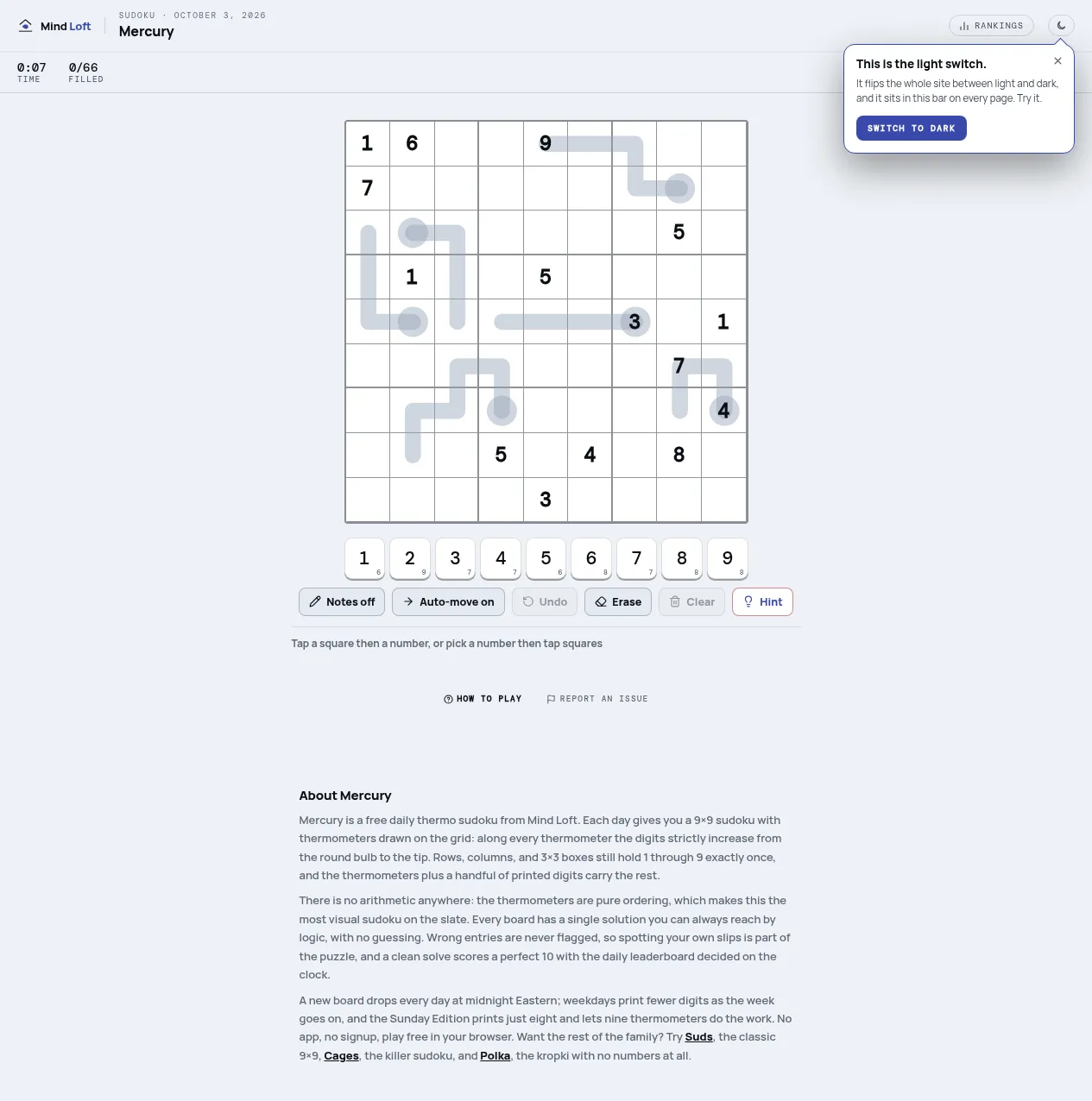 Mercury on Mind Loft for October 3, 2026: a 9x9 sudoku grid with a few printed digits and grey thermometer shapes with round bulbs, above a number pad and Notes, Auto-move, Undo, Erase, Clear and Hint