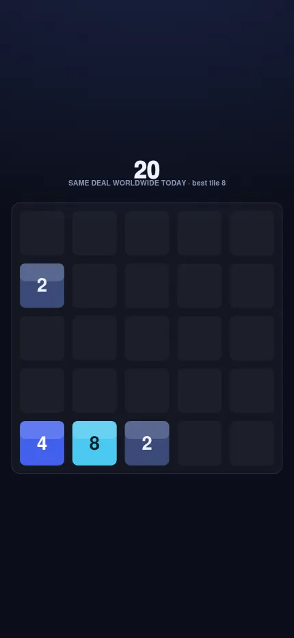Mergeon at phone size: the 5x5 board of the 21 October 2026 deal after a few swipes, score 20, best tile 8