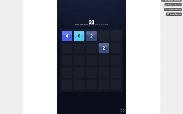 Mergeon on itch.io at desktop size: the 5x5 board of the 21 October 2026 deal after six moves, score 20, with tiles 4, 8 and 2 and the line same deal worldwide today