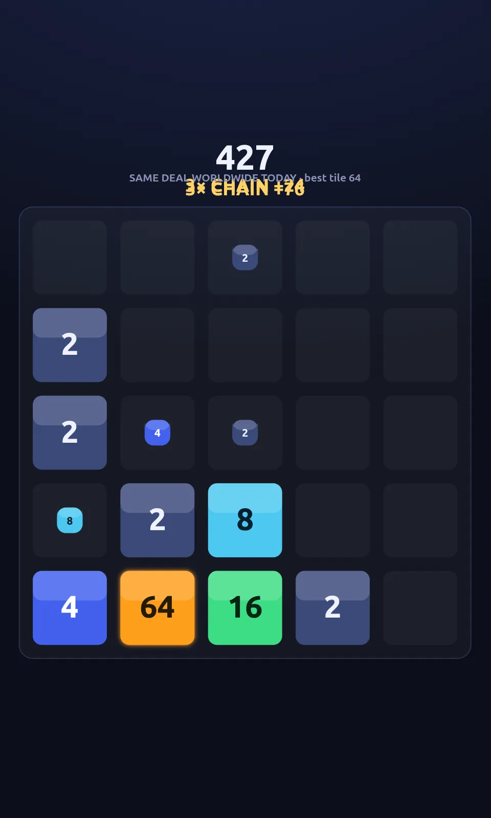 Mergeon board with a 64 tile, score 427 and a chain bonus above the grid