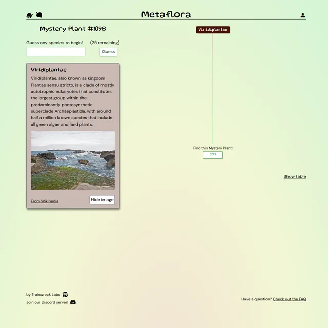Metaflora Mystery Plant #1098 at the start: a guess box, a Viridiplantae card with a photo of green algae on rocks, and the tree with the hidden plant