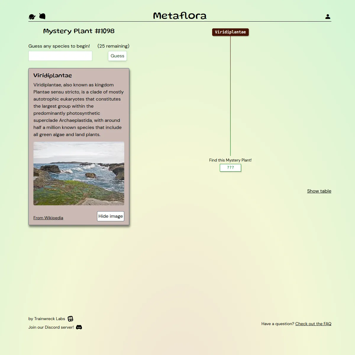 Metaflora Mystery Plant #1098 at the start: a guess box, a Viridiplantae card with a photo of green algae on rocks, and the tree with the hidden plant