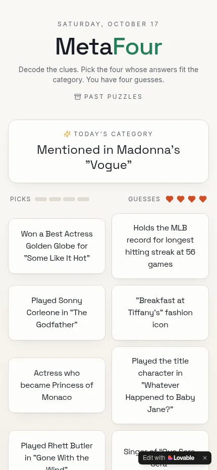 MetaFour at phone width for Saturday, October 17: the category Mentioned in Madonna's Vogue above clue cards such as Played Sonny Corleone in The Godfather