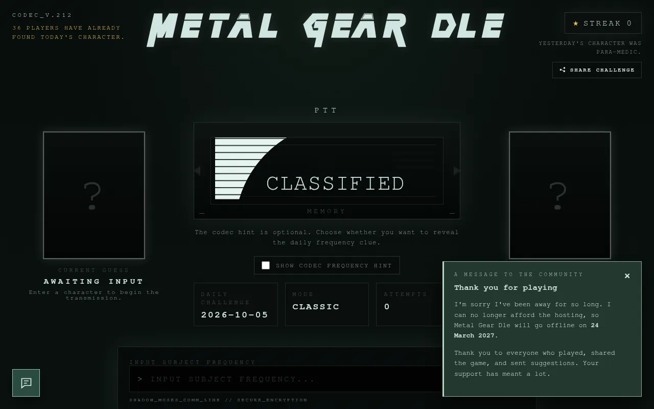 Metal Gear Dle's codec screen for the daily challenge of 2026-10-05: the title, a CLASSIFIED codec panel, mode Classic with 0 attempts, the note that yesterday's character was Para-Medic and an input