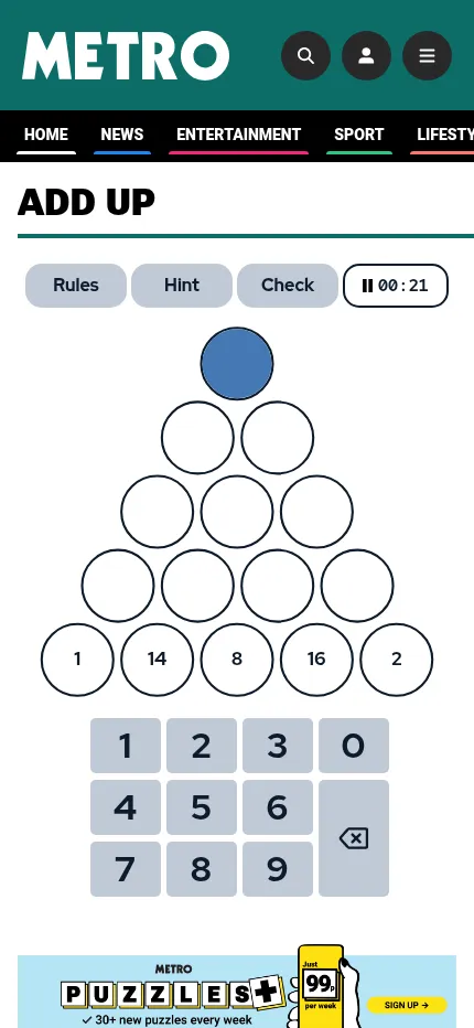 Metro's Add Up on a phone: a five-row pyramid of circles with the bottom row 1, 14, 8, 16, 2, the Rules, Hint and Check buttons, a timer and a number pad