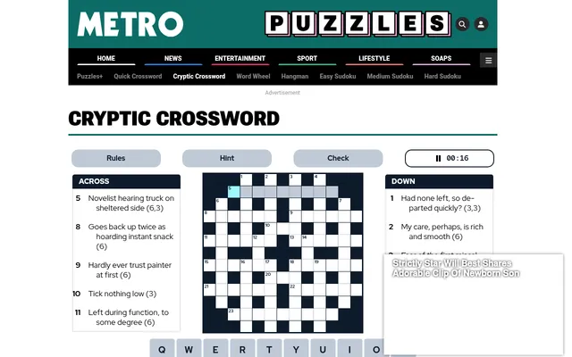 Metro's Cryptic Crossword on metro.co.uk: a 13 by 13 grid between across and down cryptic clues, with Rules, Hint and Check buttons and a timer