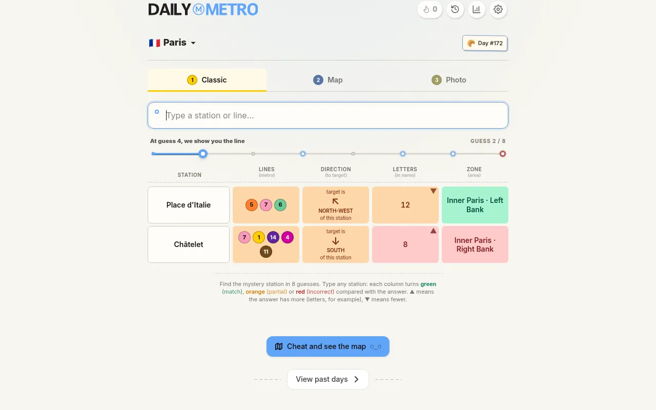 Today's DailyMetro Paris Classic board on a desktop, day 172, with guesses Châtelet and Place d'Italie showing line, direction, letter and zone clues