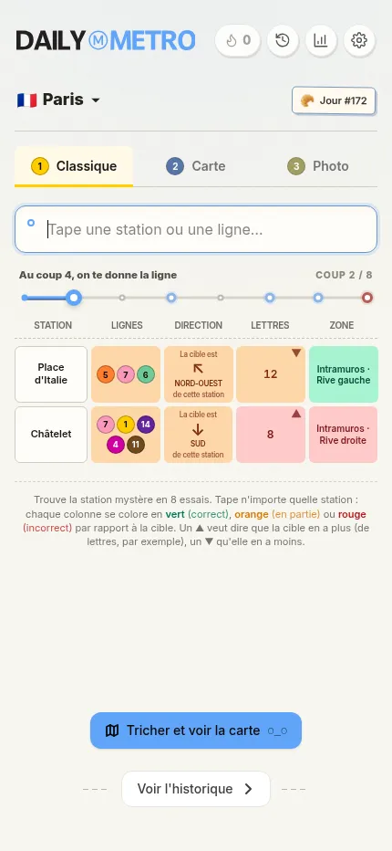 The same DailyMetro Paris day 172 board at phone size in the French version, two guesses in