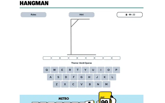Metro's Hangman board: an empty gallows, nine blank letter boxes, the theme Verdi Operas and an on-screen keyboard