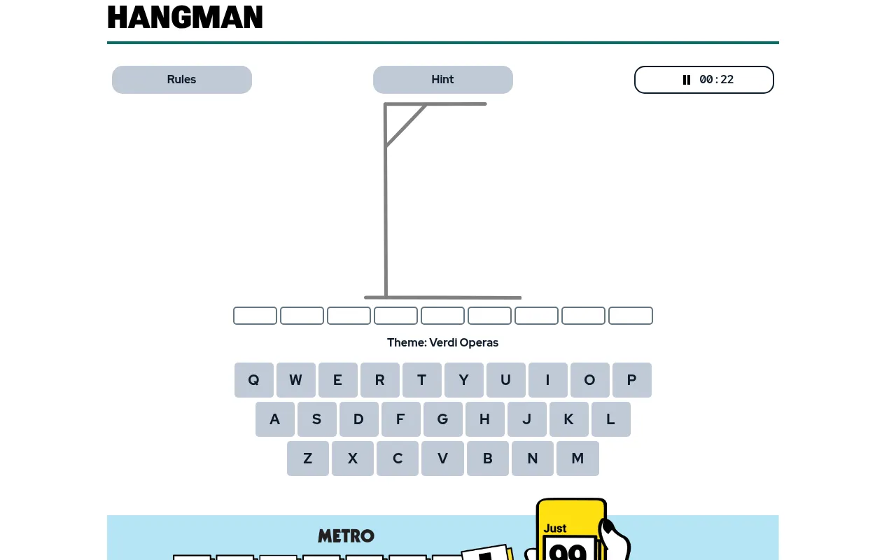 Metro's Hangman board: an empty gallows, nine blank letter boxes, the theme Verdi Operas and an on-screen keyboard
