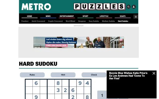 Metro's Hard Sudoku page with the top of the day's 9 by 9 grid and its Rules, Hint and Check buttons, under an advert, with a news video box at the right