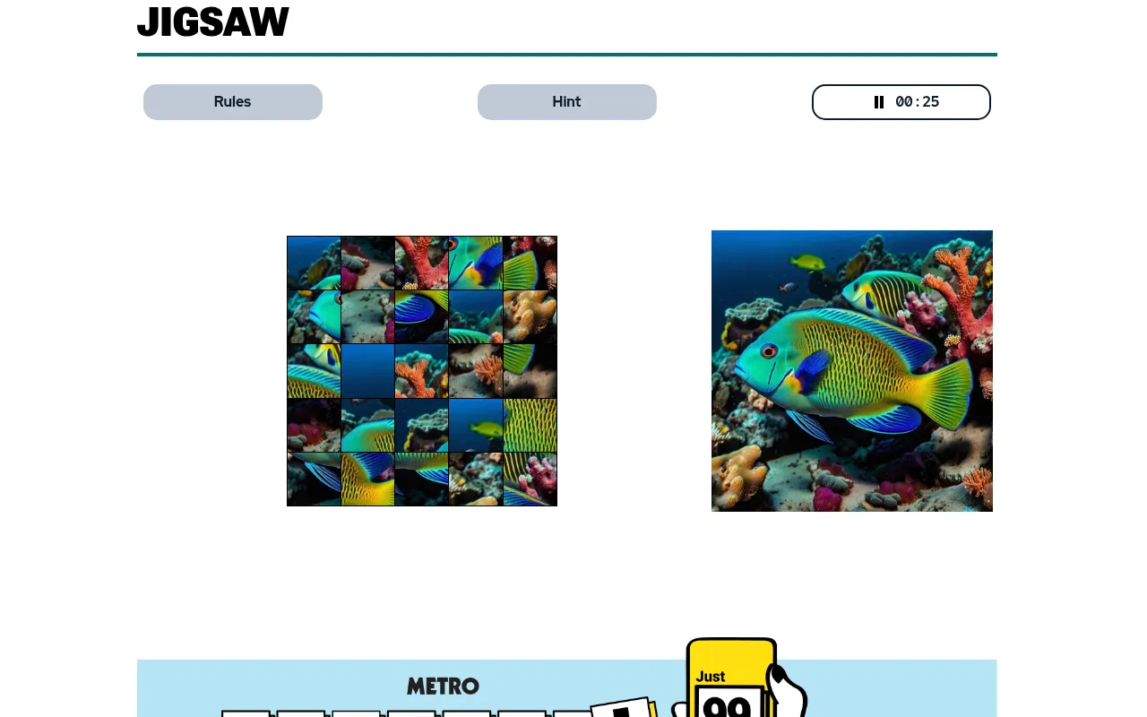 Metro's Jigsaw board: a shuffled 5 by 5 grid of tiles from a photo of a green and yellow reef fish, with the finished picture beside it and the Rules, Hint and timer buttons above
