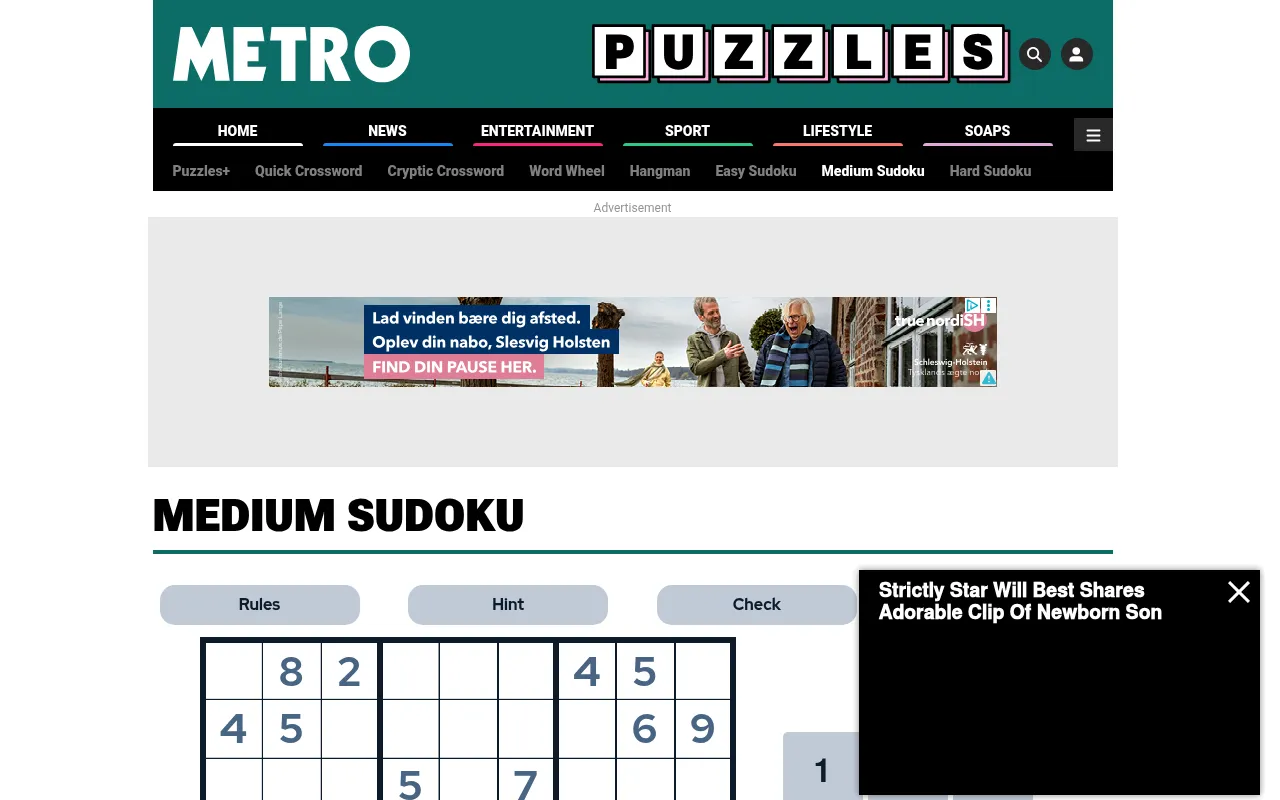 Metro's Medium Sudoku page with the top rows of a 9 by 9 grid under the Rules, Hint and Check buttons, an ad above and a news video box at the right