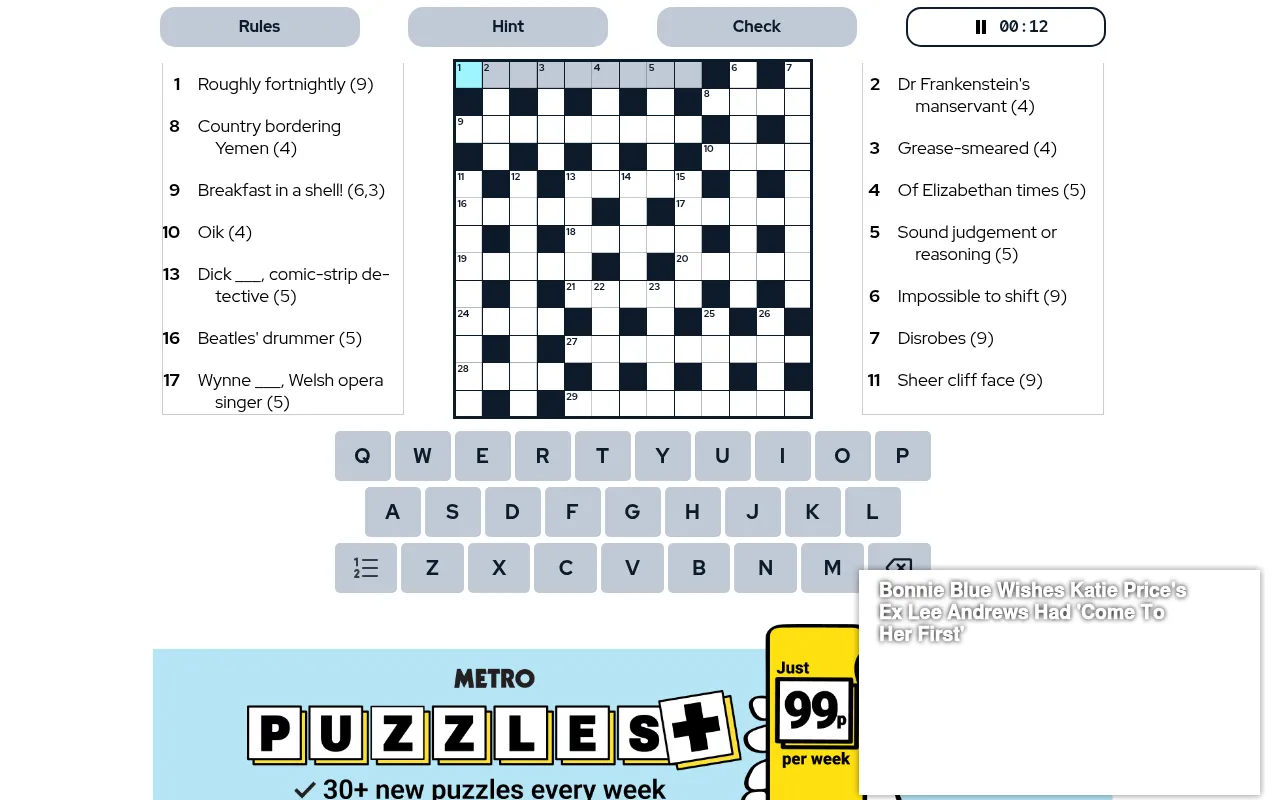 Metro's Quick Crossword in play: a 13 by 13 grid with across and down clues either side, Hint and Check buttons, a timer and an on-screen keyboard