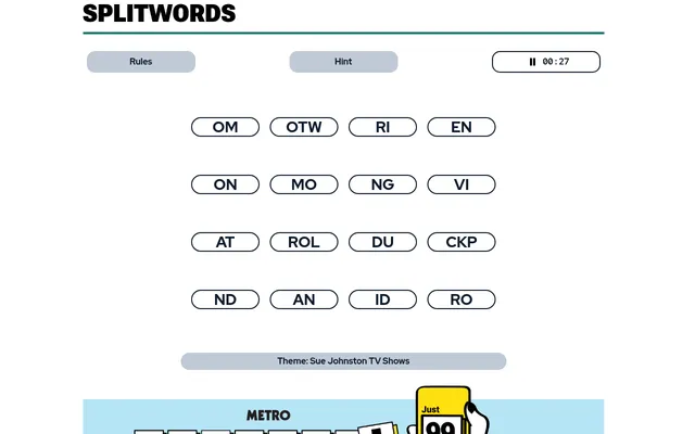 A Metro Splitwords board: sixteen letter tiles such as OM, OTW, ROL and CKP under the theme Sue Johnston TV Shows
