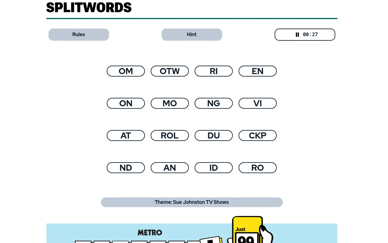 A Metro Splitwords board: sixteen letter tiles such as OM, OTW, ROL and CKP under the theme Sue Johnston TV Shows