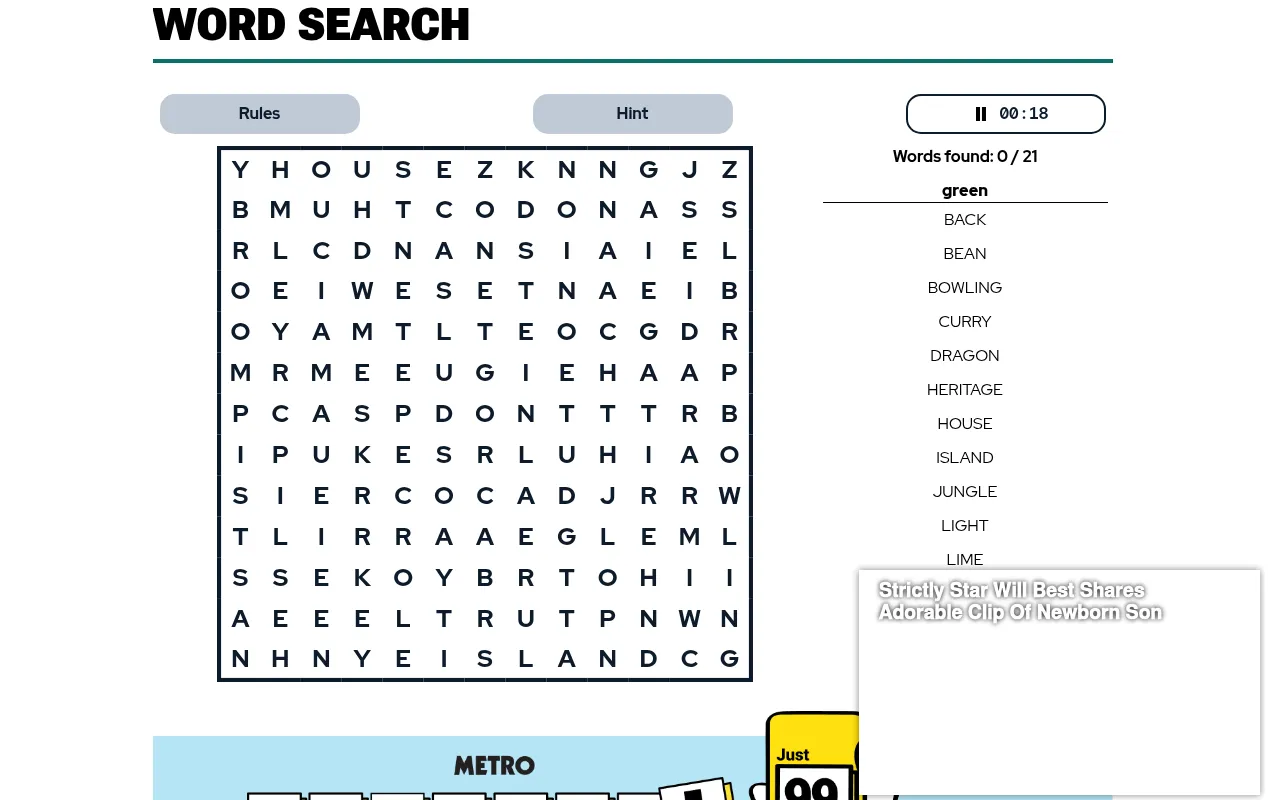 Metro's Word Search: a 13 by 13 letter grid beside the list of words for the theme green, with the timer and Hint button above