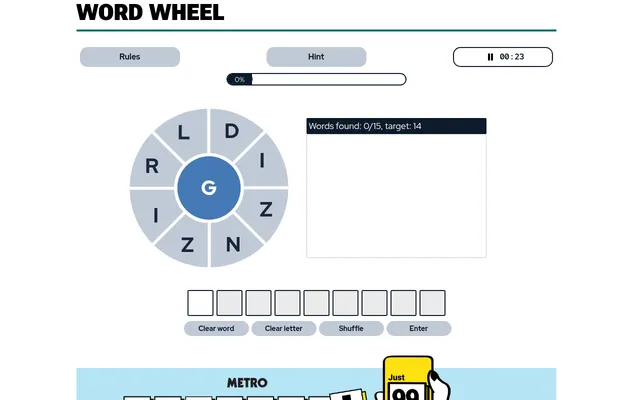 Metro's Word Wheel board: nine letters around a wheel with G in the centre, the Words found list with a target of 14, and the Clear, Shuffle and Enter buttons