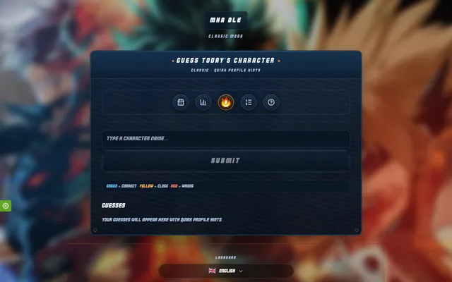 MHA DLE Classic mode: Guess Today's Character with quirk profile hints, a character name box, a Submit button and the green, yellow and red key
