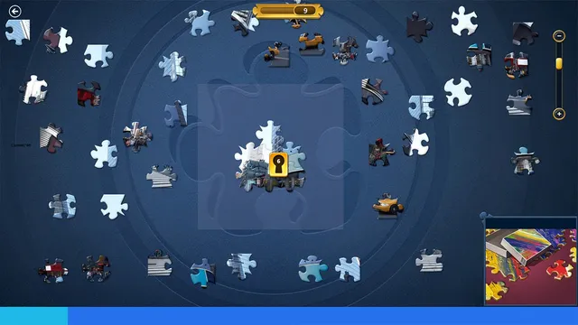 A Microsoft Jigsaw "Lock Breaker" challenge: loose pieces in a ring around a golden lock in the middle of the board, with a move counter at the top