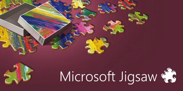 Microsoft Jigsaw key art: an open puzzle box and scattered colourful jigsaw pieces on a dark red background