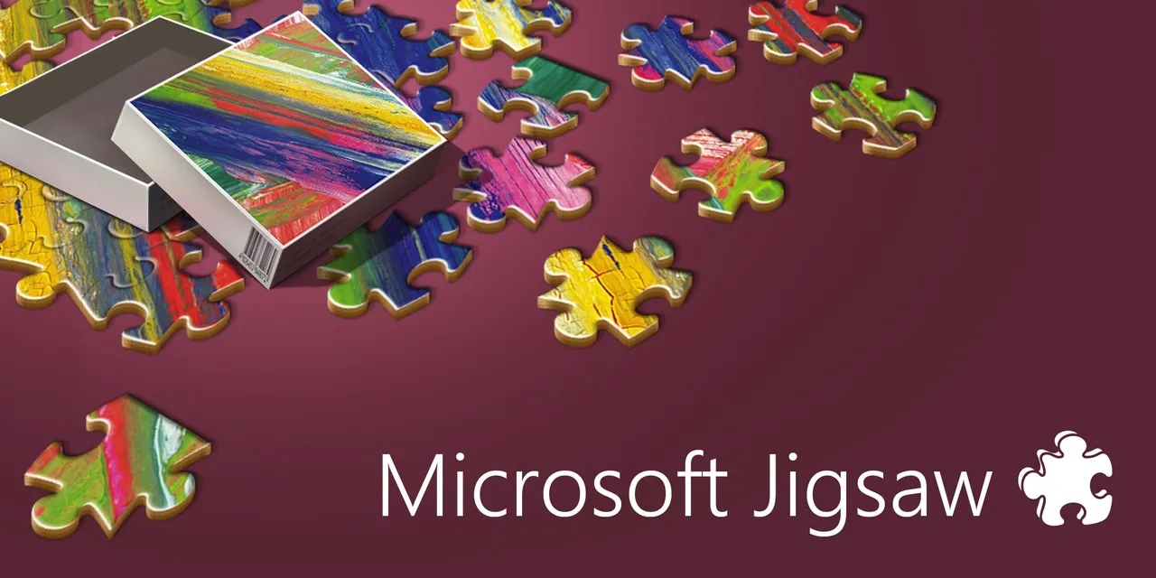 Microsoft Jigsaw key art: an open puzzle box and scattered colourful jigsaw pieces on a dark red background