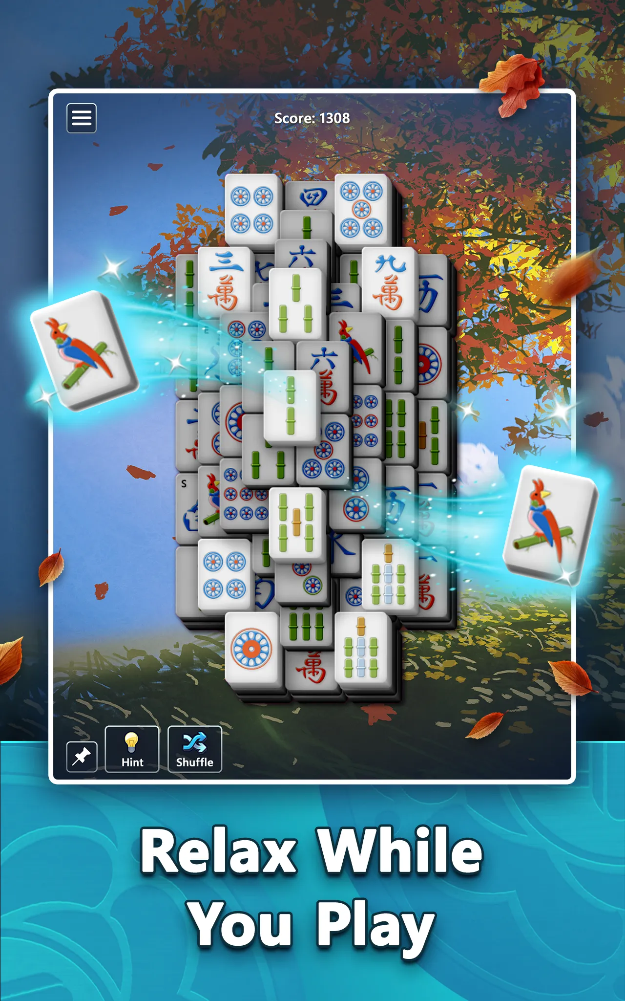 A Microsoft Mahjong board in an autumn theme with a pair of bird tiles being matched