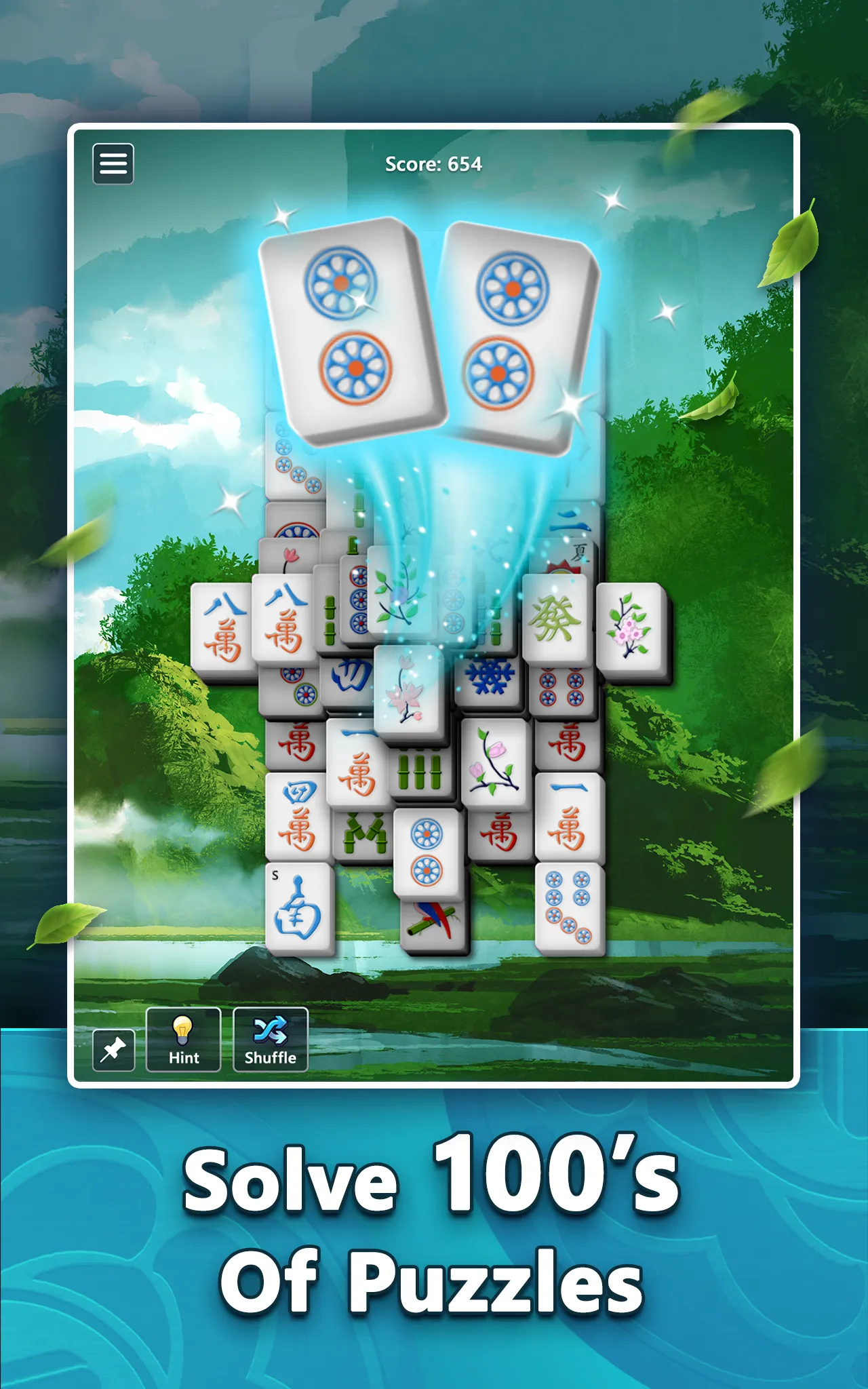A Microsoft Mahjong layout of stacked tiles with a matched pair lifting off, over a forest background