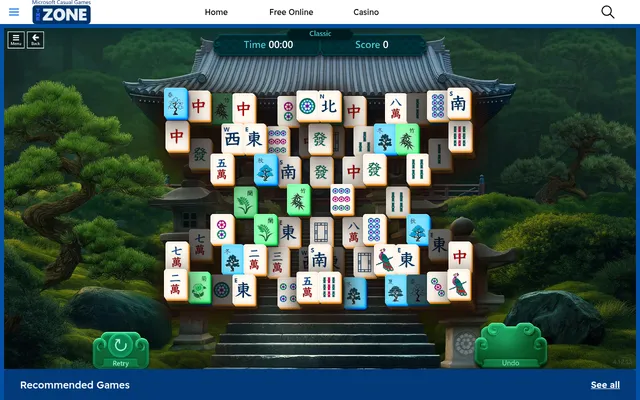 The Classic Daily Challenge board for October 31 in Microsoft Mahjong on The Zone, a tile layout over a temple garden with time and score at the top