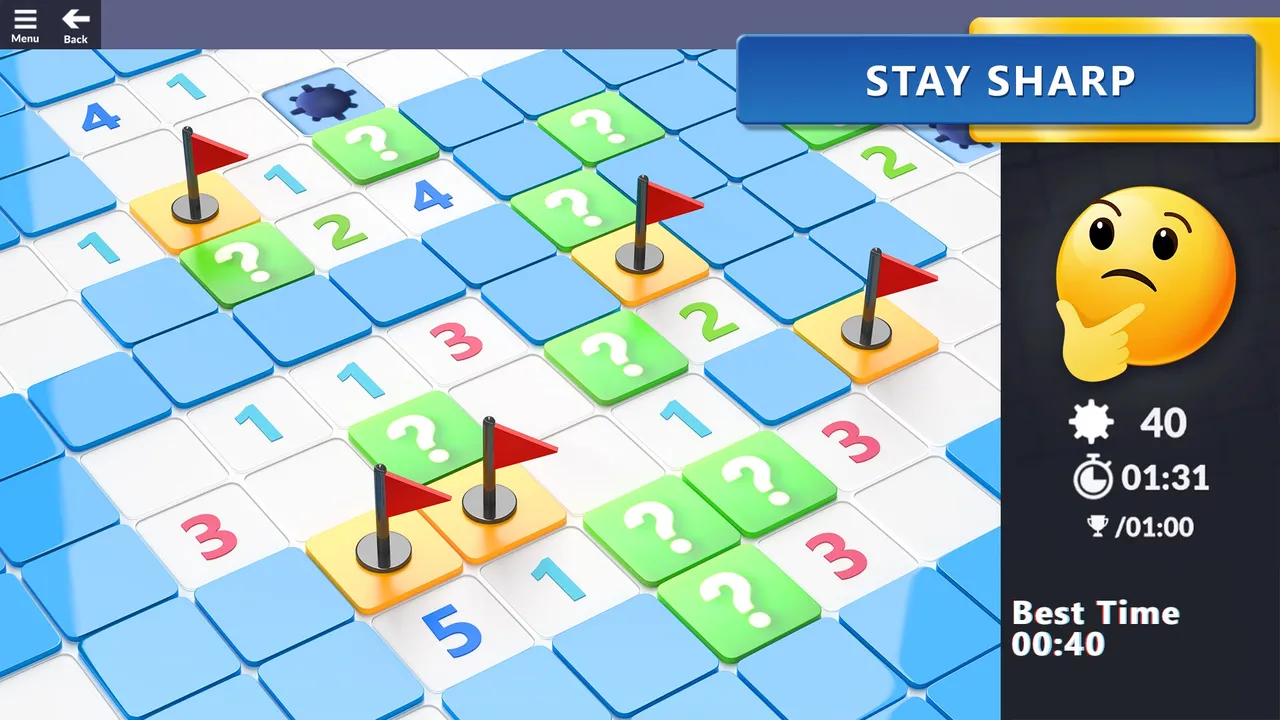 A Microsoft Minesweeper board with flags, numbers and question marks, a mine counter of 40 and a timer