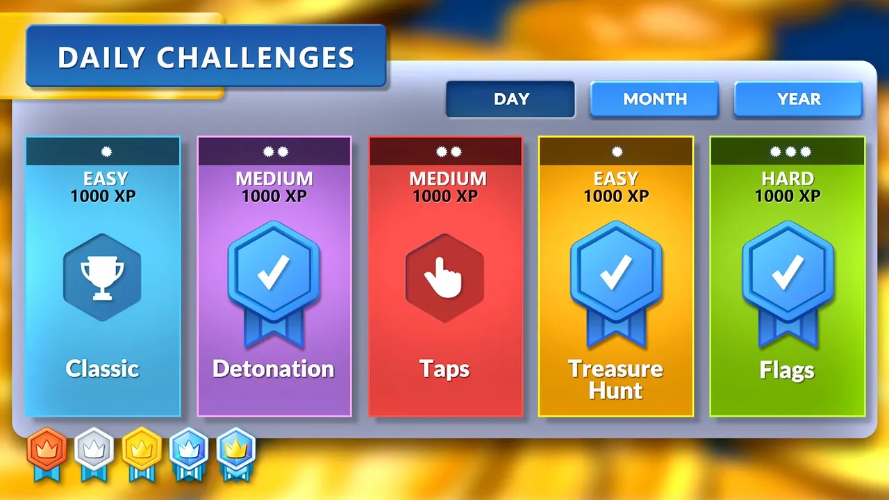 The Daily Challenges screen with five cards: Classic, Detonation, Taps, Treasure Hunt and Flags, each with difficulty and XP