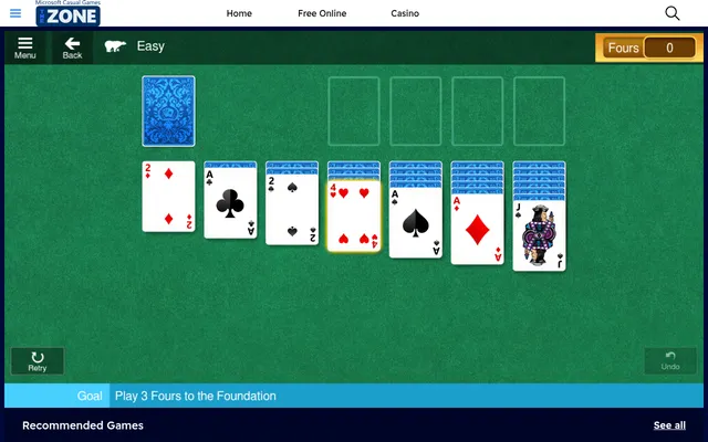 The Klondike Daily Challenge for 31 October in Microsoft Solitaire Collection at The Zone, with the goal Play 3 Fours to the Foundation under the deal