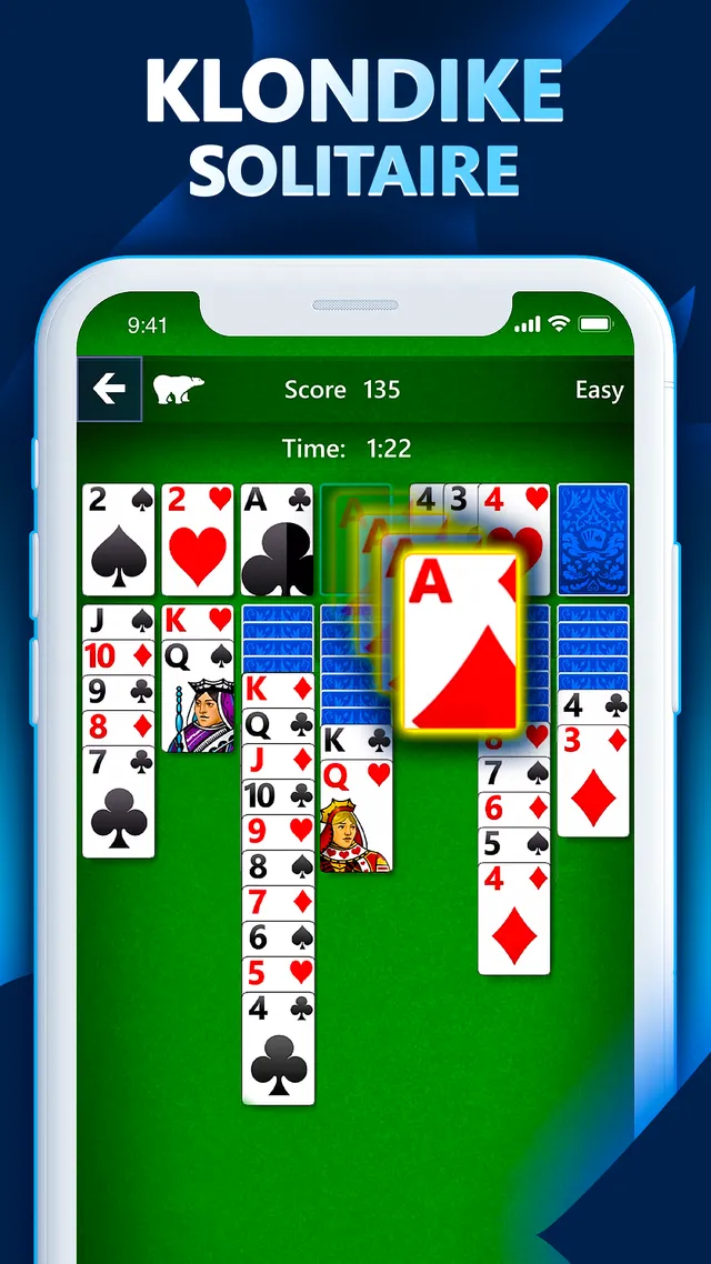 A Klondike deal in Microsoft Solitaire Collection on a phone, with score and timer, under the words Klondike Solitaire