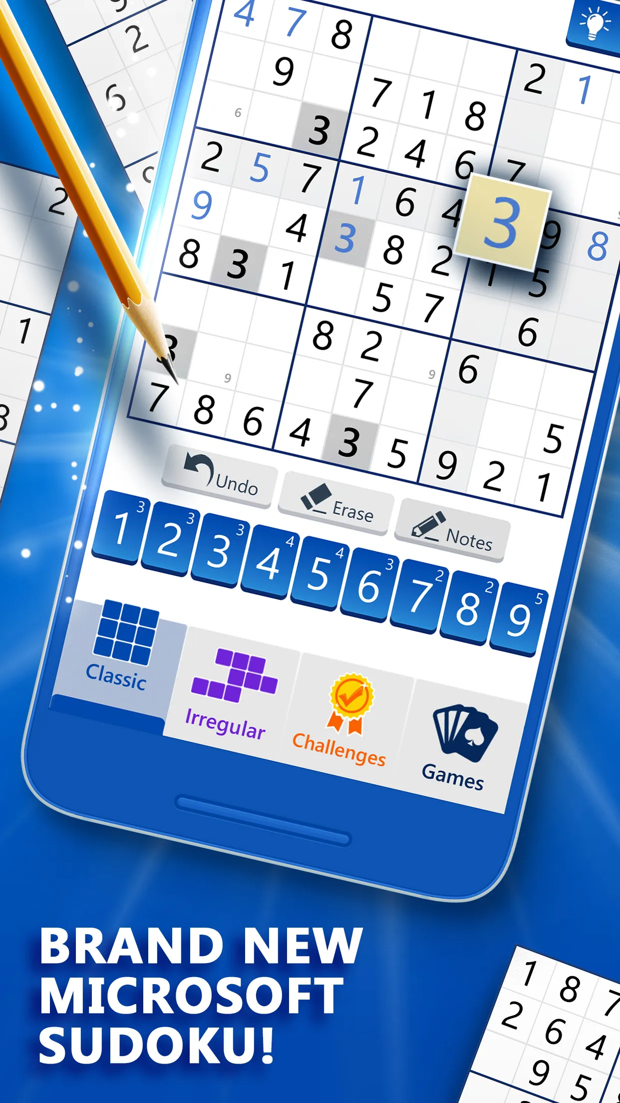 A Microsoft Sudoku grid on a phone, with tabs for Classic, Irregular and Challenges