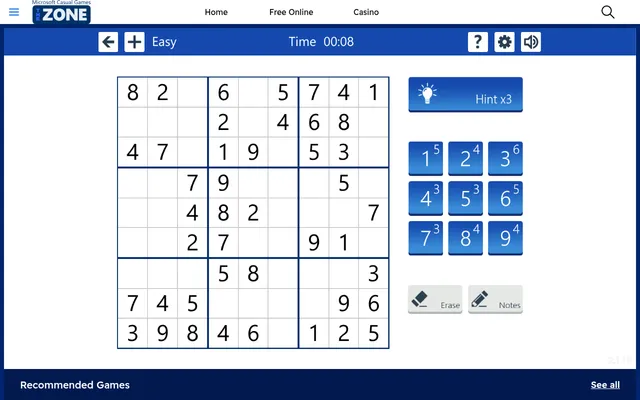 Microsoft Sudoku in the browser at MSN Games: an Easy classic 9x9 grid with a timer, Hint x3, number tiles showing counts left, Erase and Notes