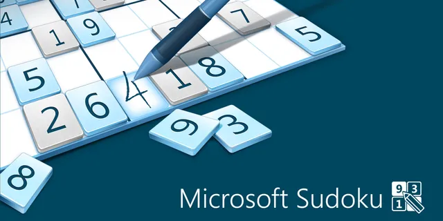 Microsoft Sudoku title art with number tiles and a pen on a sudoku grid