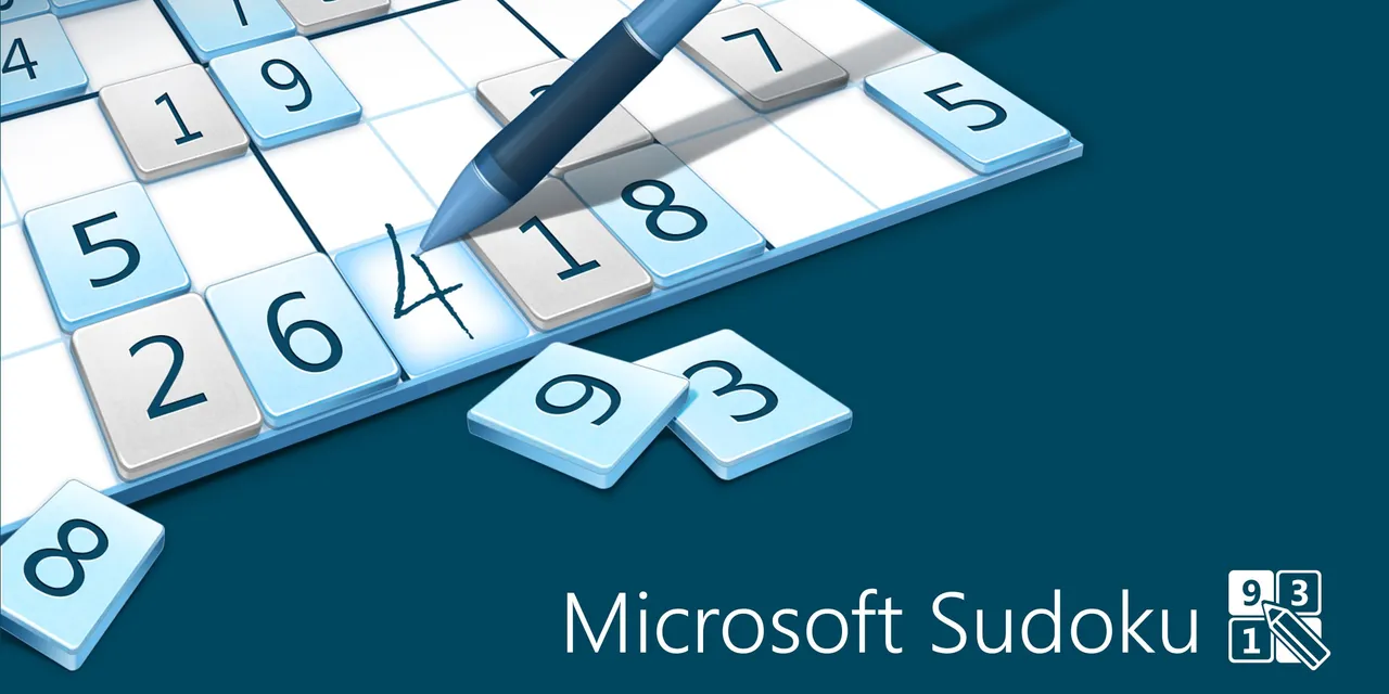 Microsoft Sudoku title art with number tiles and a pen on a sudoku grid
