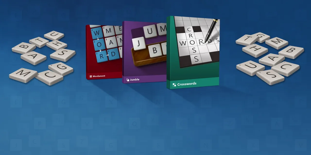 Box art for Wordament, Jumble and Crosswords standing among scattered letter tiles on a blue background