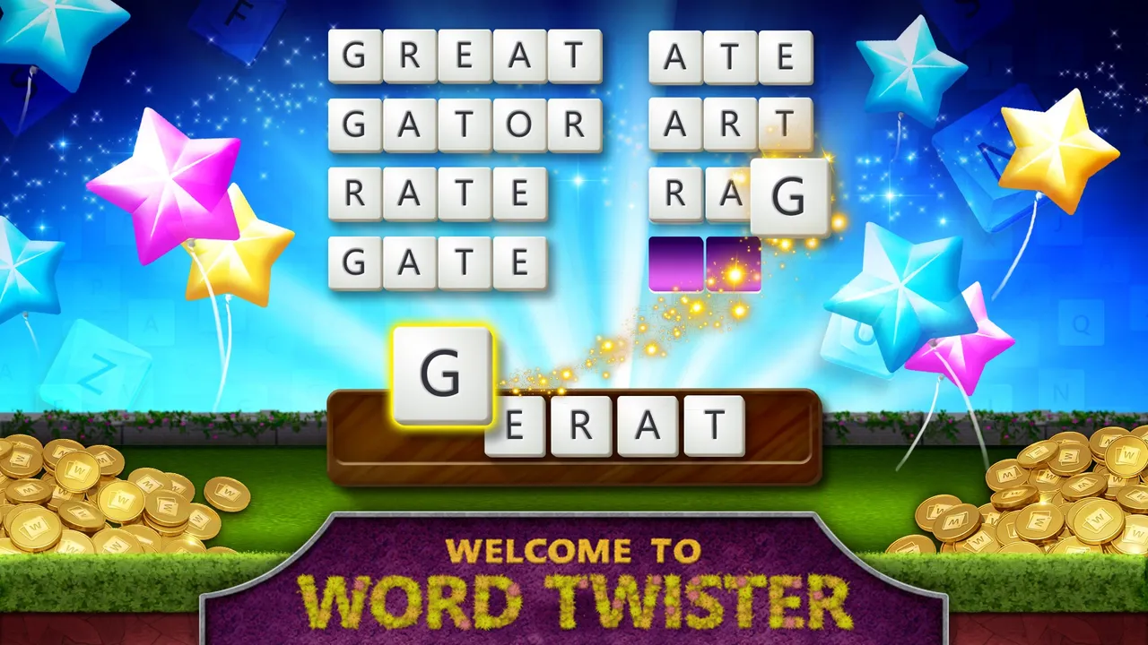 Word Twister screen with found words GREAT, GATOR, RATE, GATE, ATE, ART and RAG above a rack of letter tiles