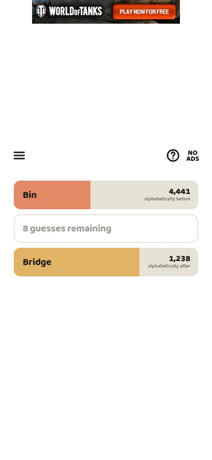 Middle Word on a phone, 19 October 2026: Bin 4,441 words before and Bridge 1,238 after the answer, 8 guesses left, a banner ad above